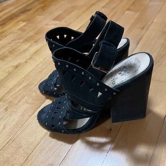 Vince Camuto Reston Sandals Black Leather Block Heel (Size 6.5) - Picture 3 of 6